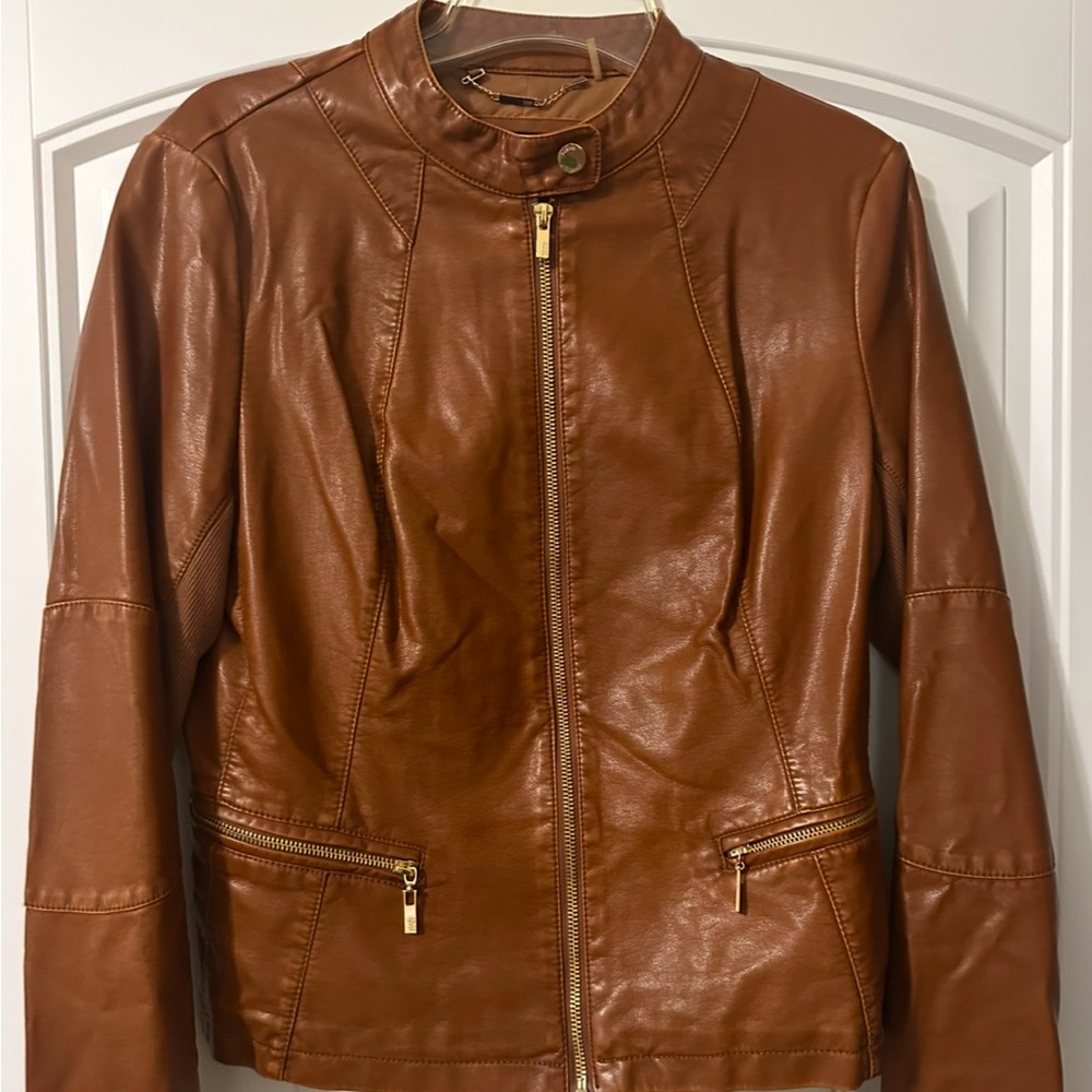 Brown Faux Leather Jacket with Gold Accents